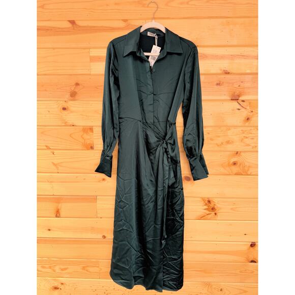 SIMKHAI Jonathon Simkhai Samba Wrap-effect Satin Midi Shirt Dress in Emerald 2 - Picture 2 of 7